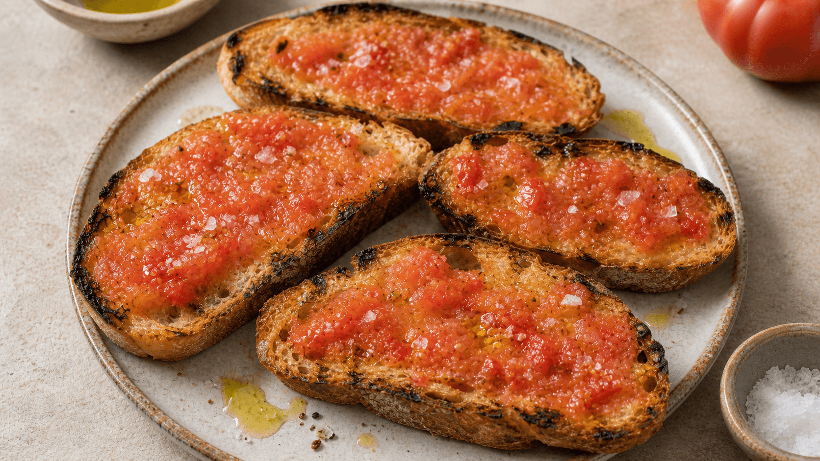 Bruschetta med tomat og hvidløg på ristede brødskiver med olivenolie og flagesalt.
