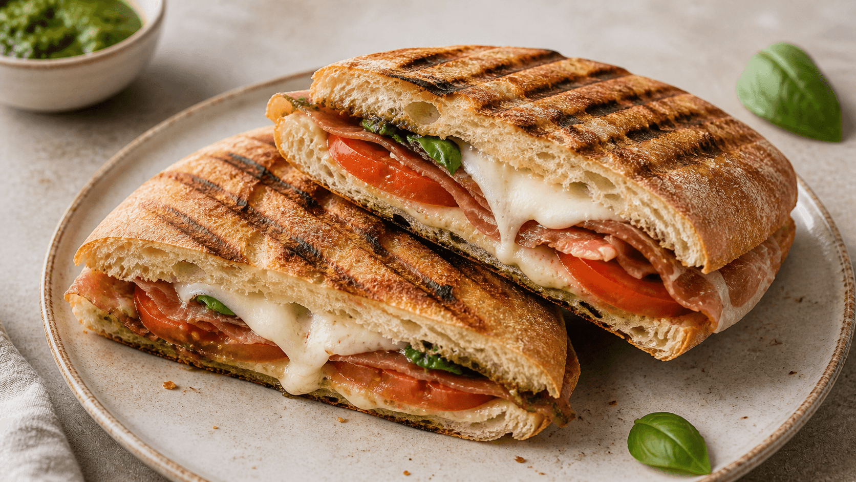 Panini skåret i halve med grillstriber, smeltet ost, tomat, basilikum og skinke.
