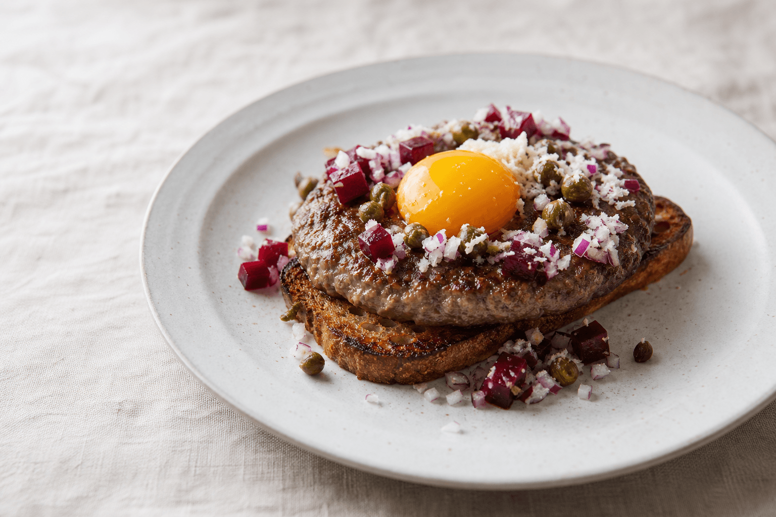Pariserbøf på ristet brød med bøf, rå æggeblomme, kapers, rødløg, rødbede og peberrod.