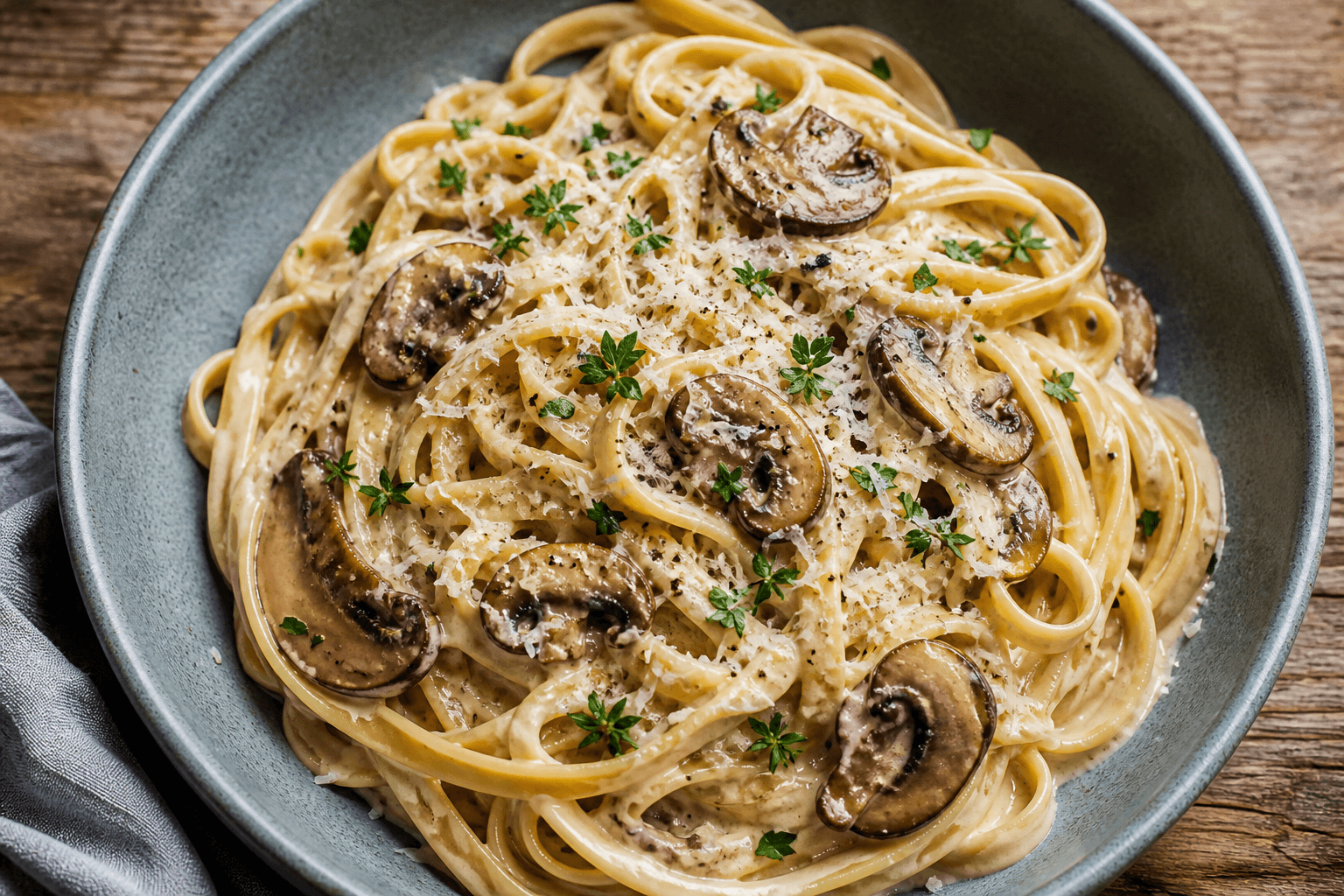 Pasta med champignon i dyb skål med cremet sauce, brunede champignoner, parmesan og urter.