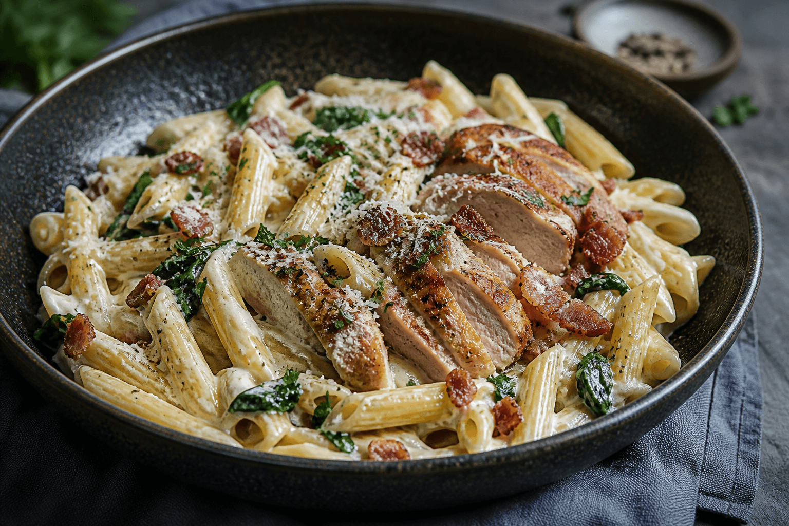 Pasta med kylling og bacon i skål med cremet sauce, skåret kylling, bacon og parmesan.