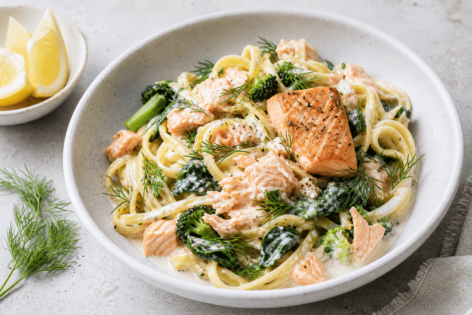 Pasta med laks i lys skål med cremet pasta, laksestykker, spinat, dild og citron.
