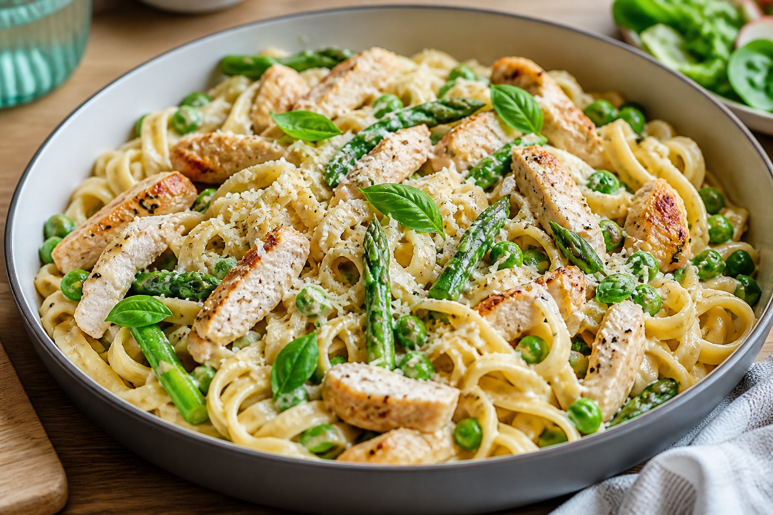 Pastaret med kylling i serveringsskål med pasta, kyllingestrimler, grønne grøntsager og parmesan.