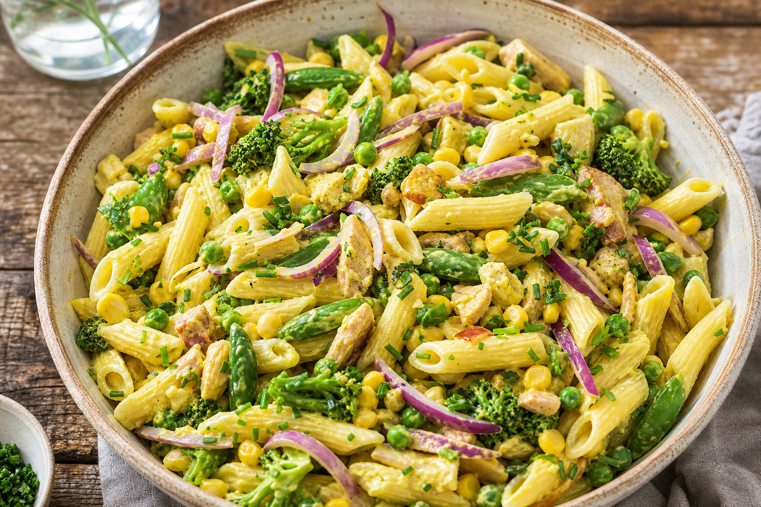 Pastasalat med karry i stor skål med penne, gul karrydressing, majs, broccoli, rødløg og bacon.