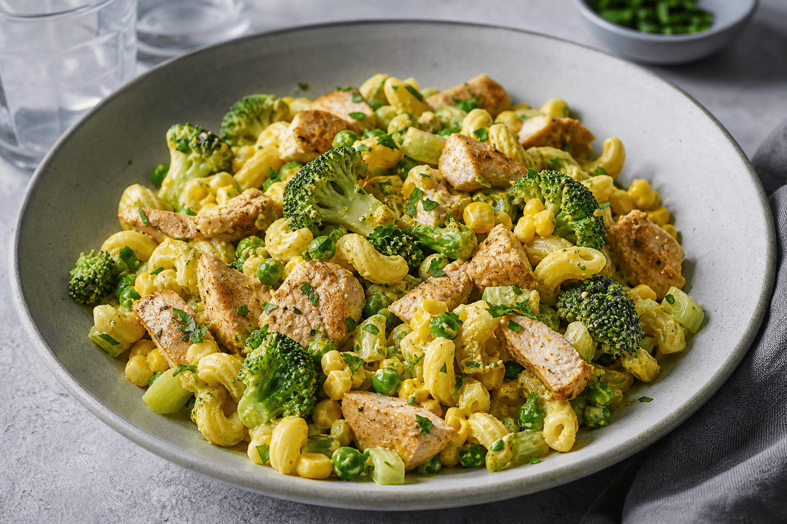 Pastasalat med kylling, broccoli, majs og mild karrydressing i en grå stentøjsskål.