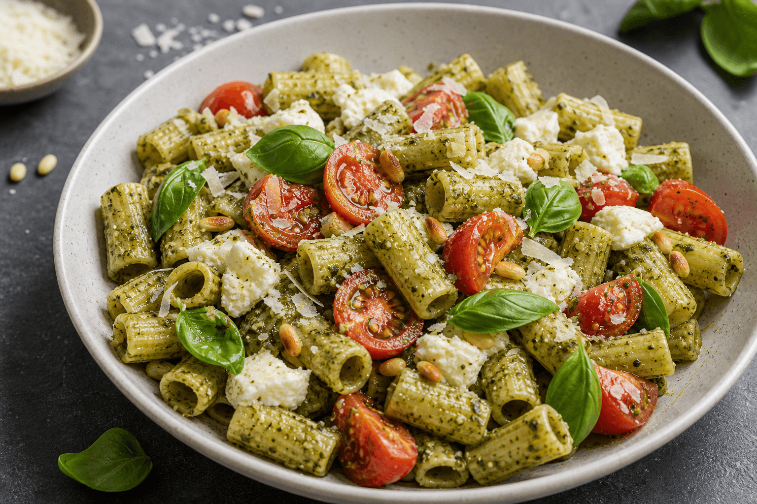 Pastasalat med basilikumpesto, tomater, mozzarella og parmesan i en lav skål.