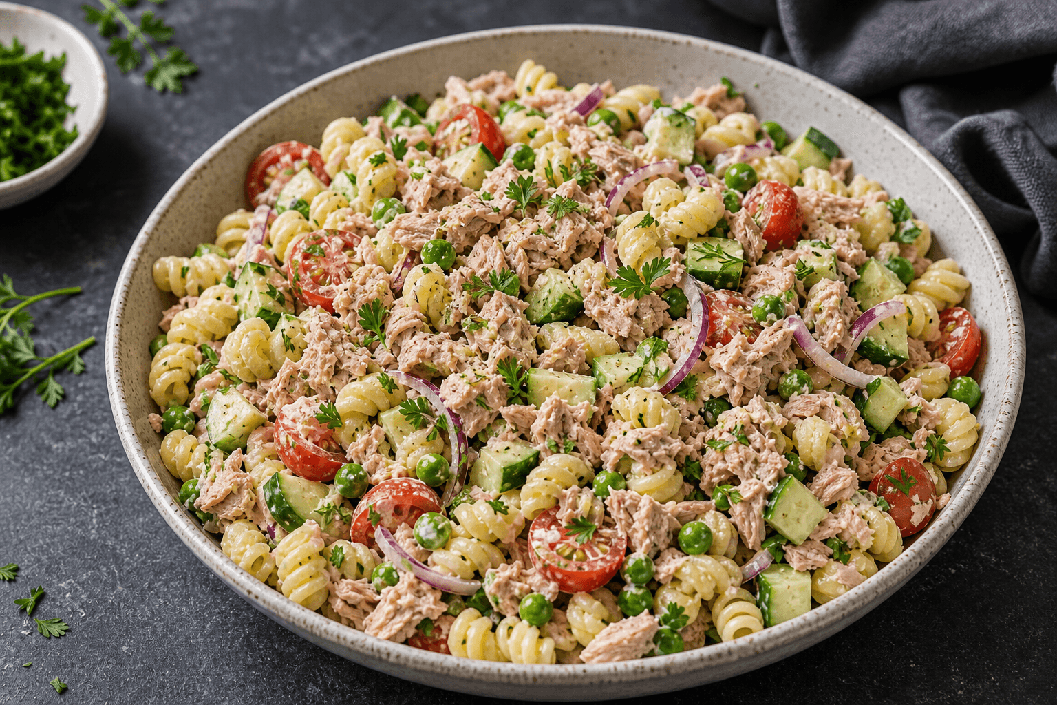 Pastasalat med tunflager, grøntsager og krydderurter i en rummelig serveringsskål.