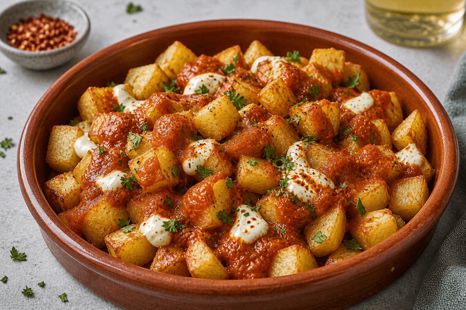 Sprøde kartoffeltern med rød brava-sauce og aioli i et rustikt tapasfad.