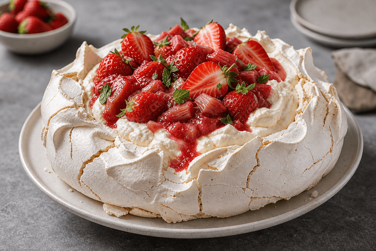 Pavlova med sprød marengs, flødeskum og friske jordbær på et serveringsfad.