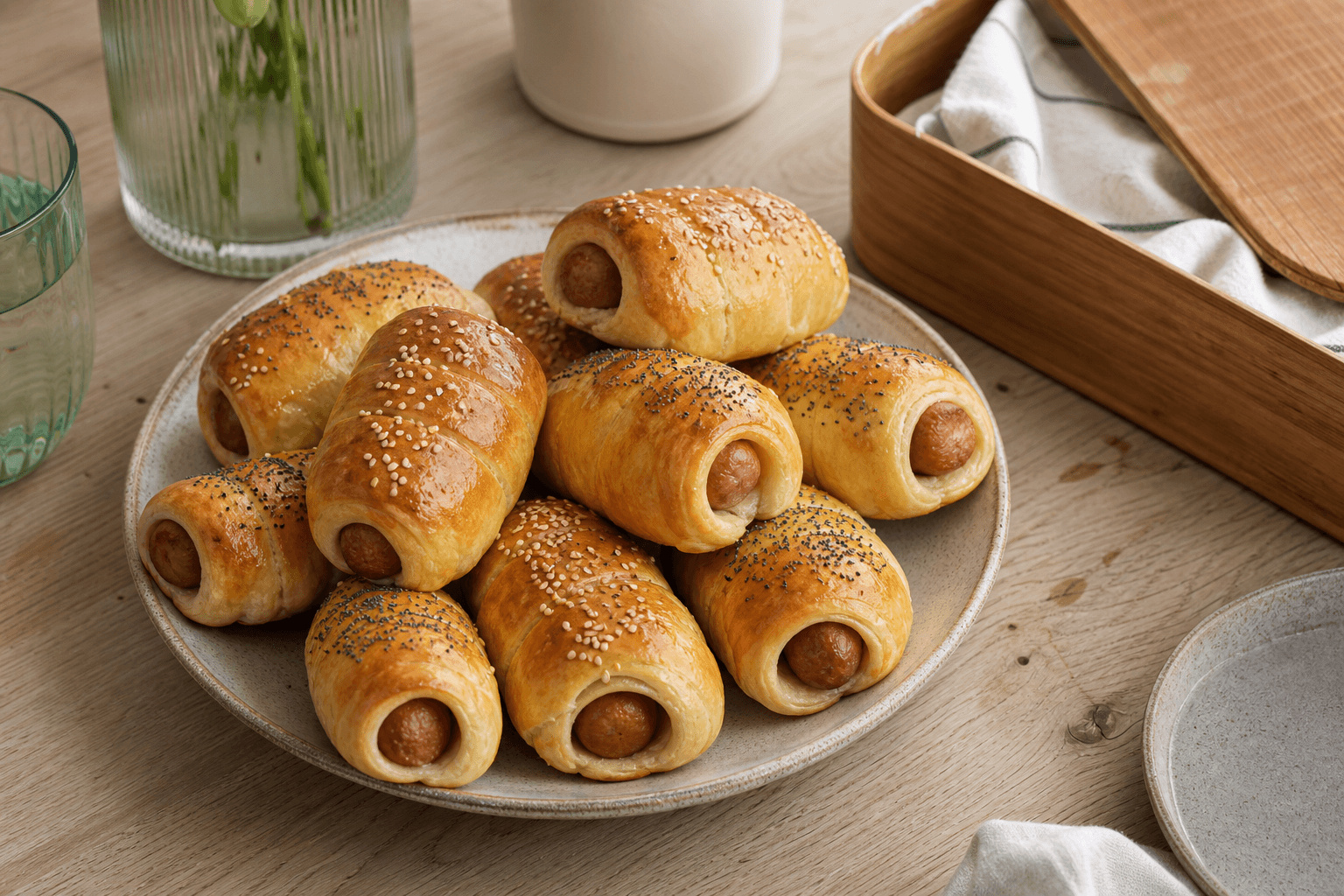 Gyldne pølsehorn med synlige pølseender og sesam på en lys frokosttallerken.