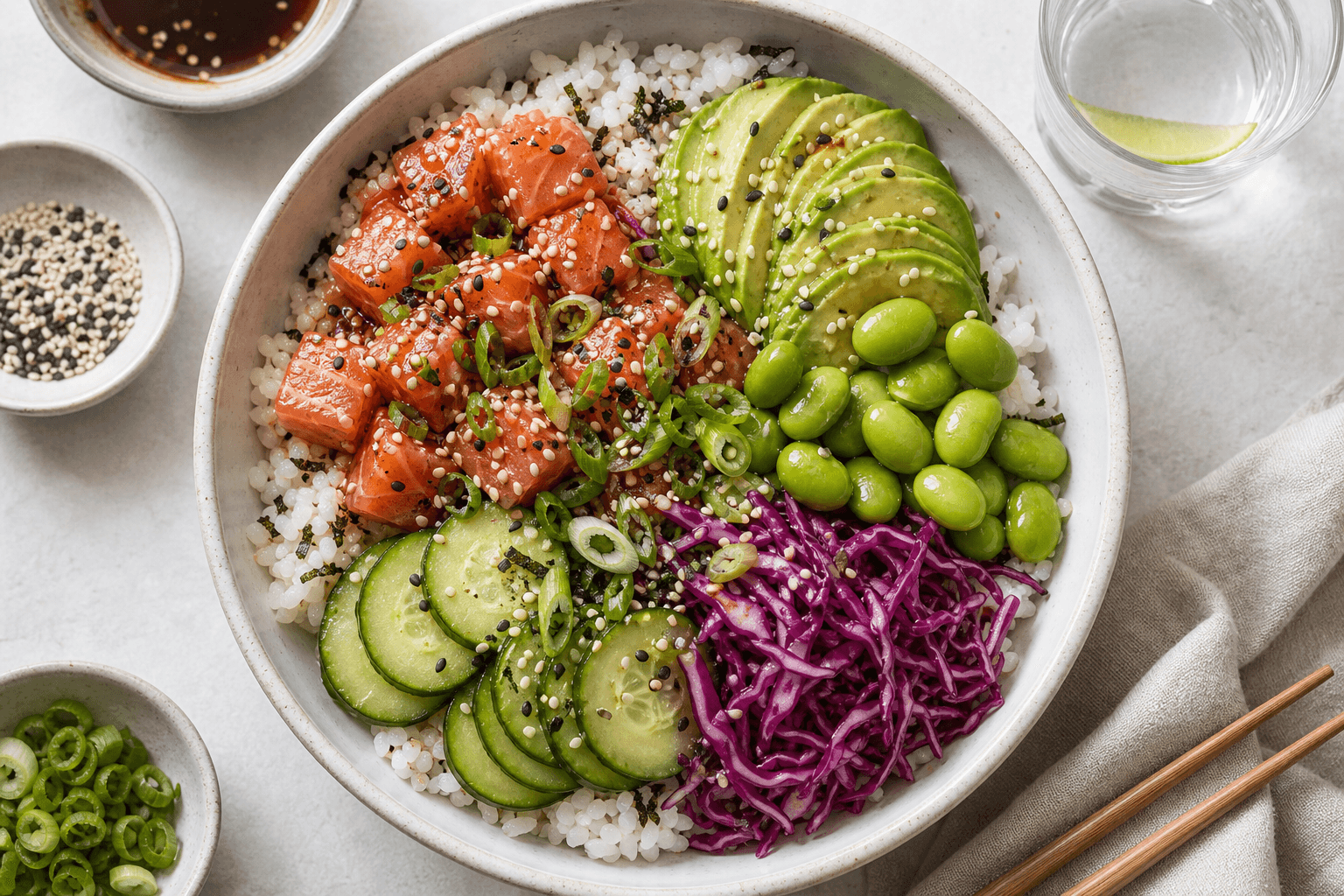 Poke bowl med ris, laks, avocado, edamame, agurk, rødkål og sesam.