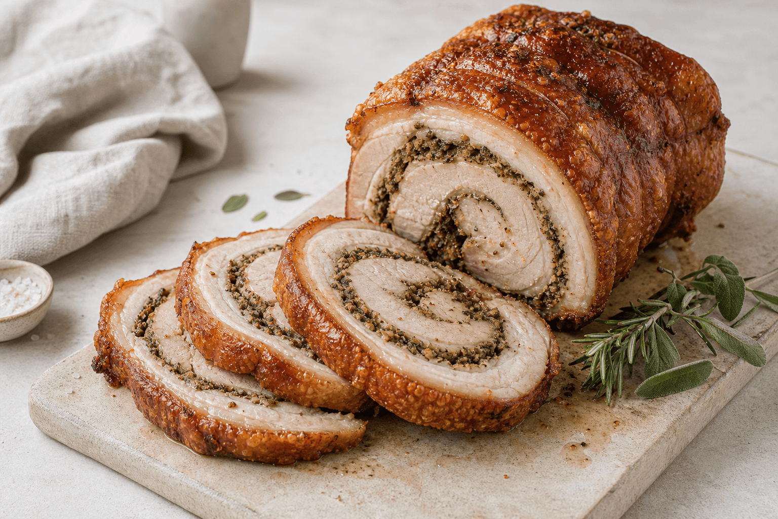 Skiver af porchetta med sprød svær og krydderurtefyld på et lyst bræt.