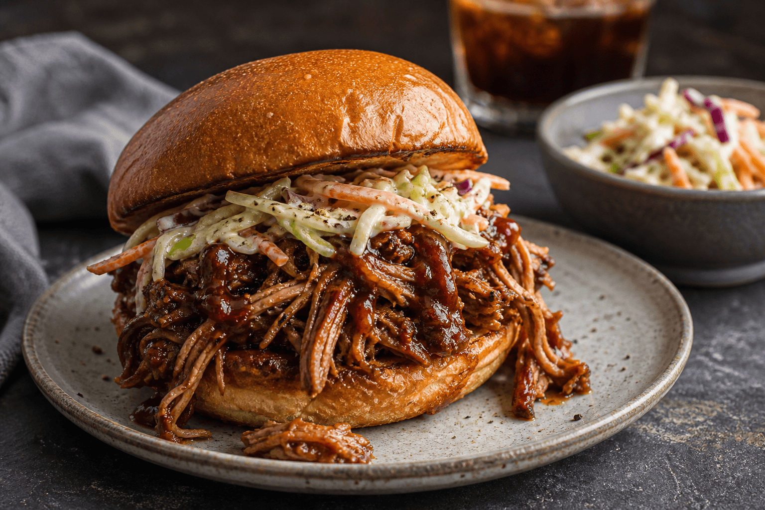 Pulled pork burger med trevlet grisekød, barbecuesauce og coleslaw i en ristet bolle.