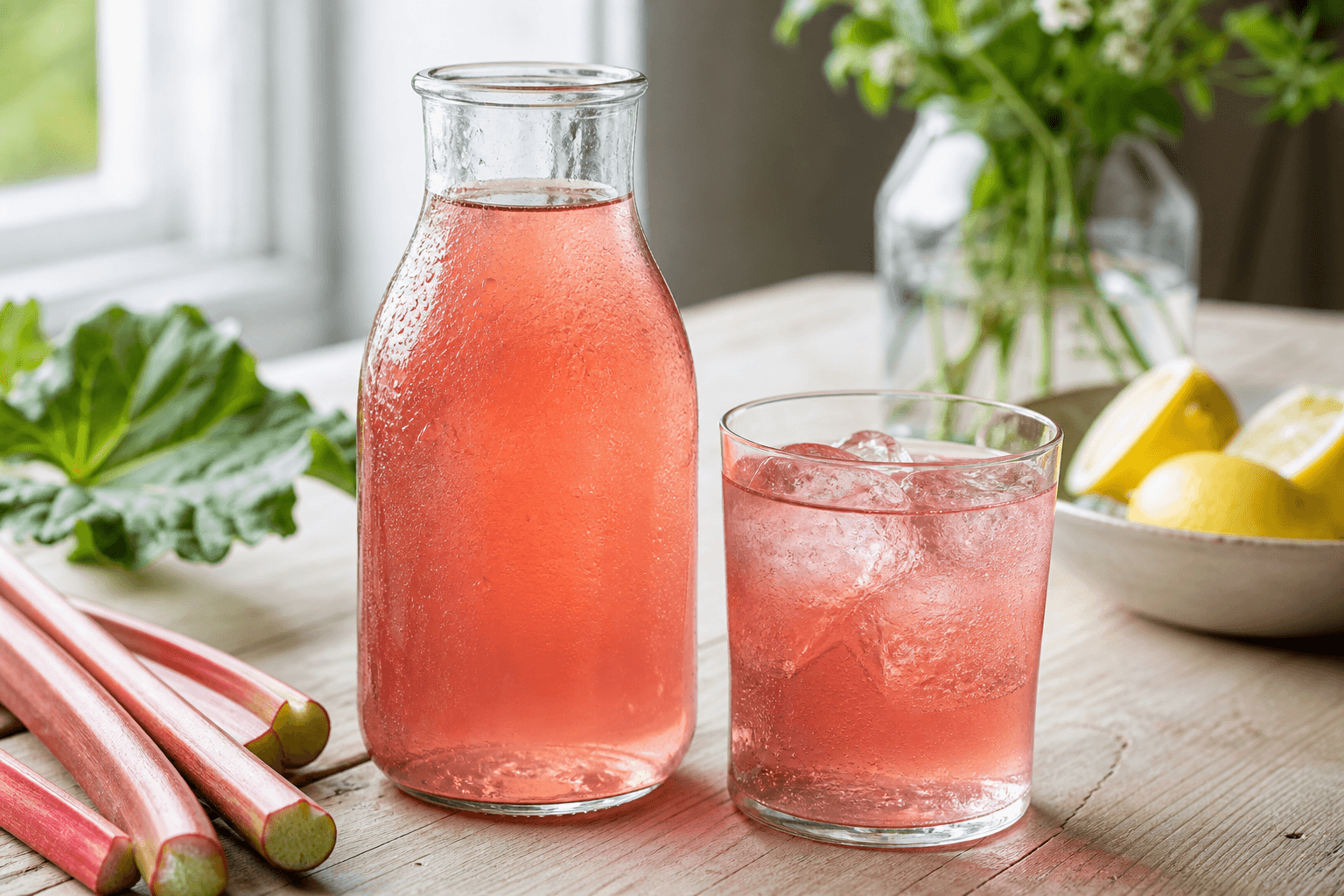 Klar lyserød rabarbersaft i flaske og glas med rabarberstilke ved siden af.