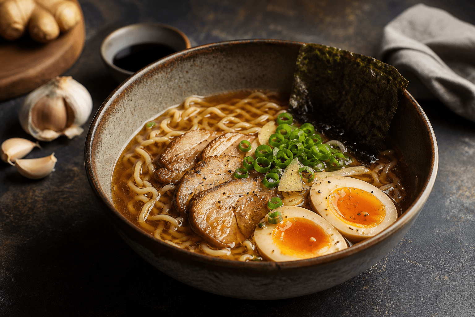 Skål med ramen, nudler, bouillon, æg med blød blomme, nori og forårsløg.