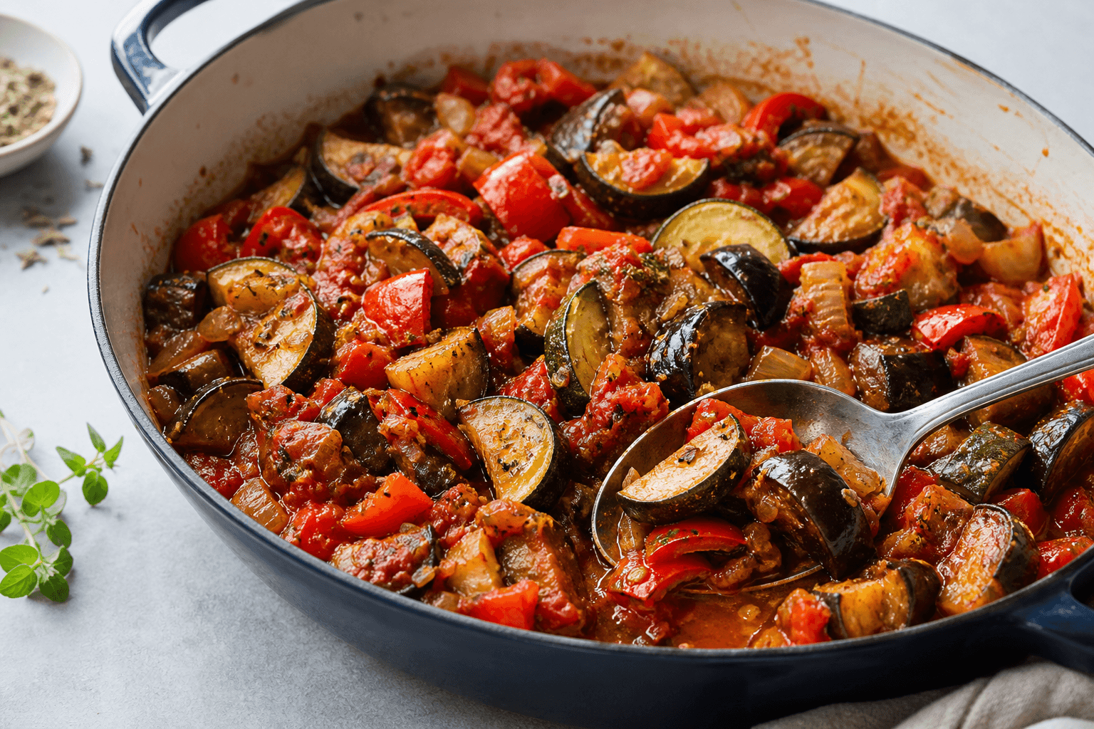 Ratatouille med tomat, aubergine, squash og peberfrugt i en mørk pande.