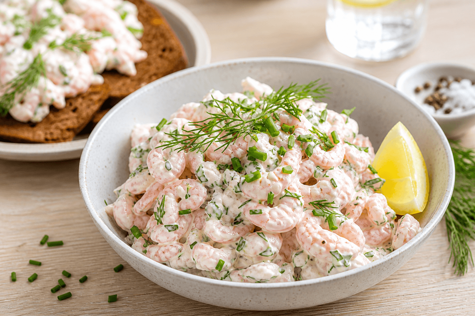 Cremet rejesalat med små rejer, dild og citron serveret ved rugbrød.