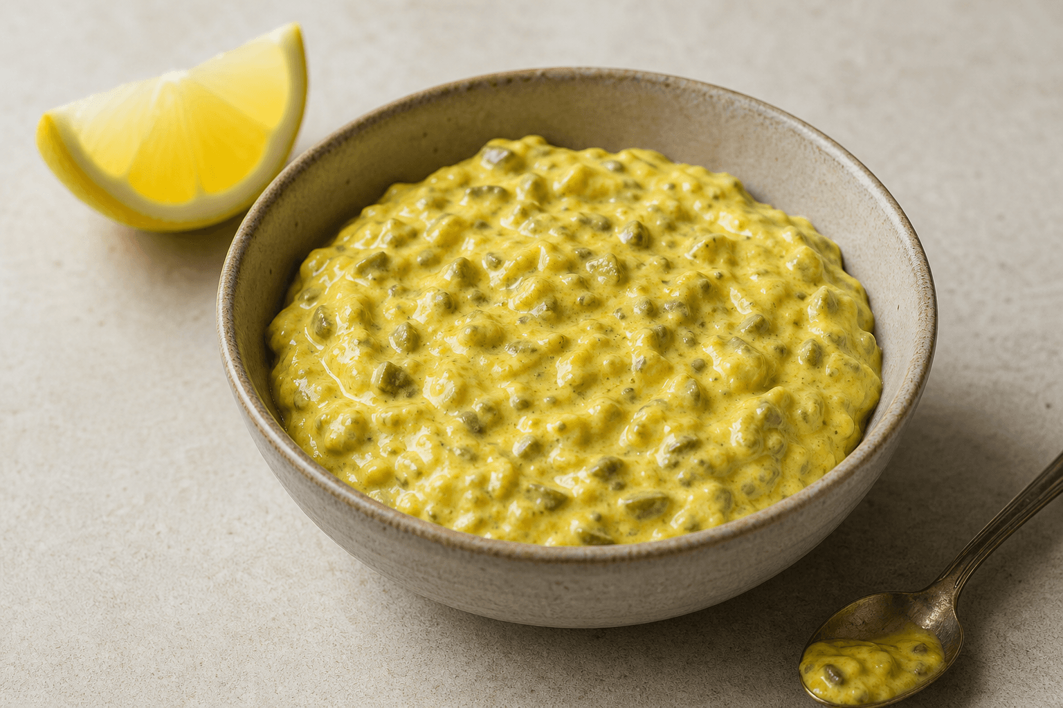Gul remoulade med tydelige pickles og grønne urter i en lille skål.