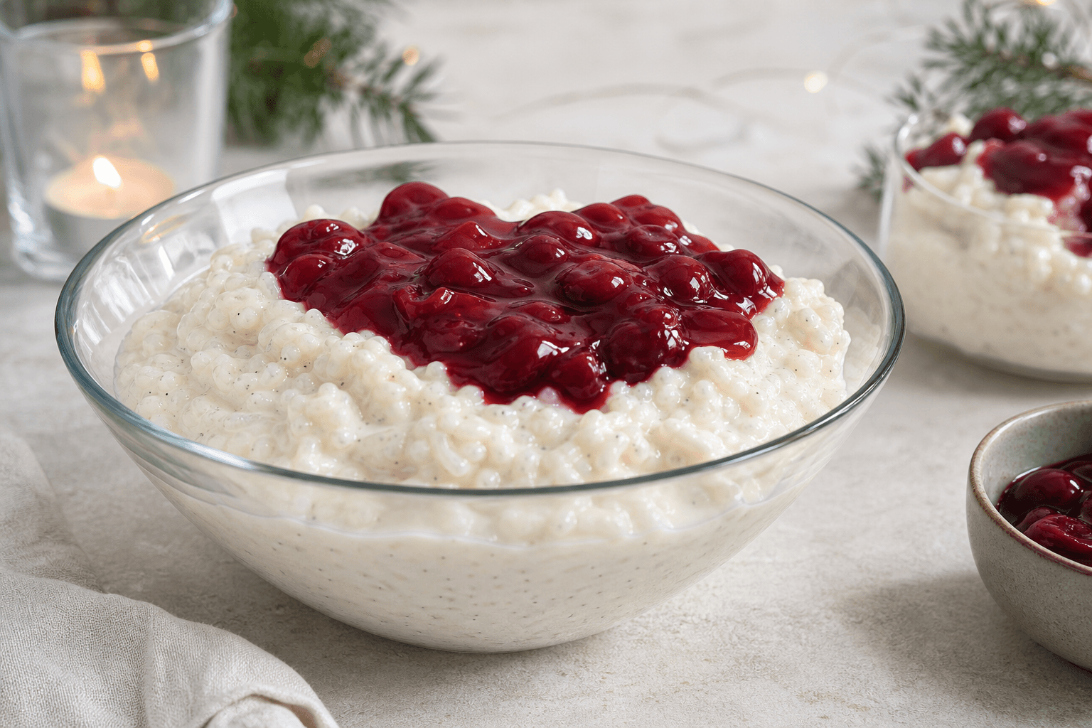 Risalamande uden mandler med vaniljeprikker og blank kirsebærsauce i en glasskål.