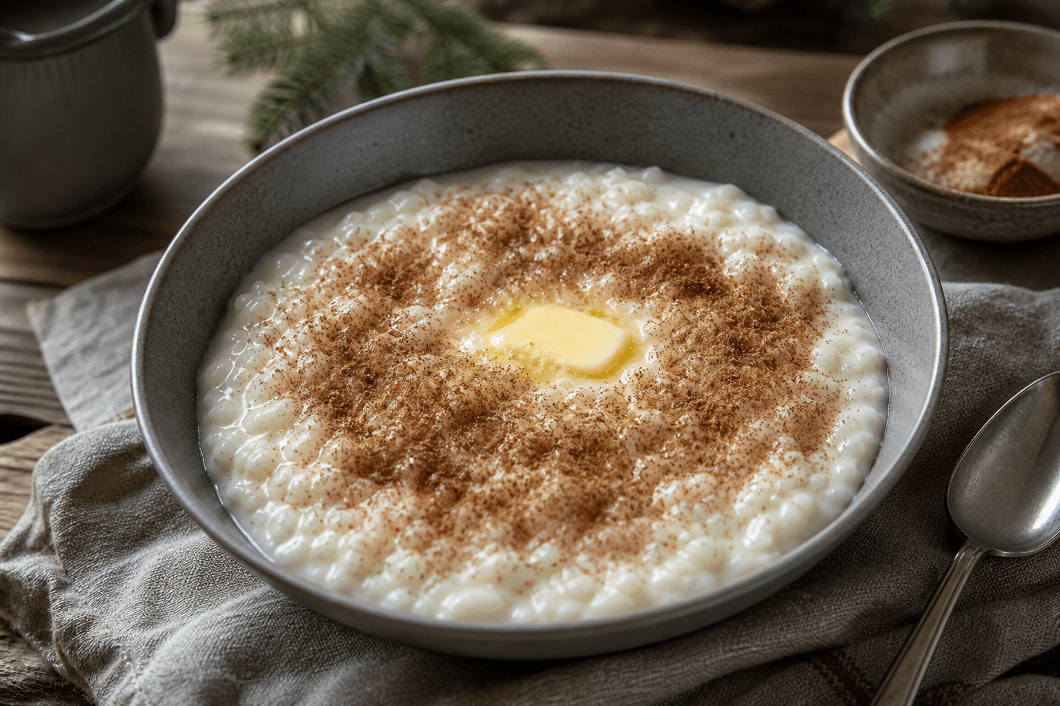 Risengrød med kanelsukker og smeltende smørklat i en dyb grå skål.