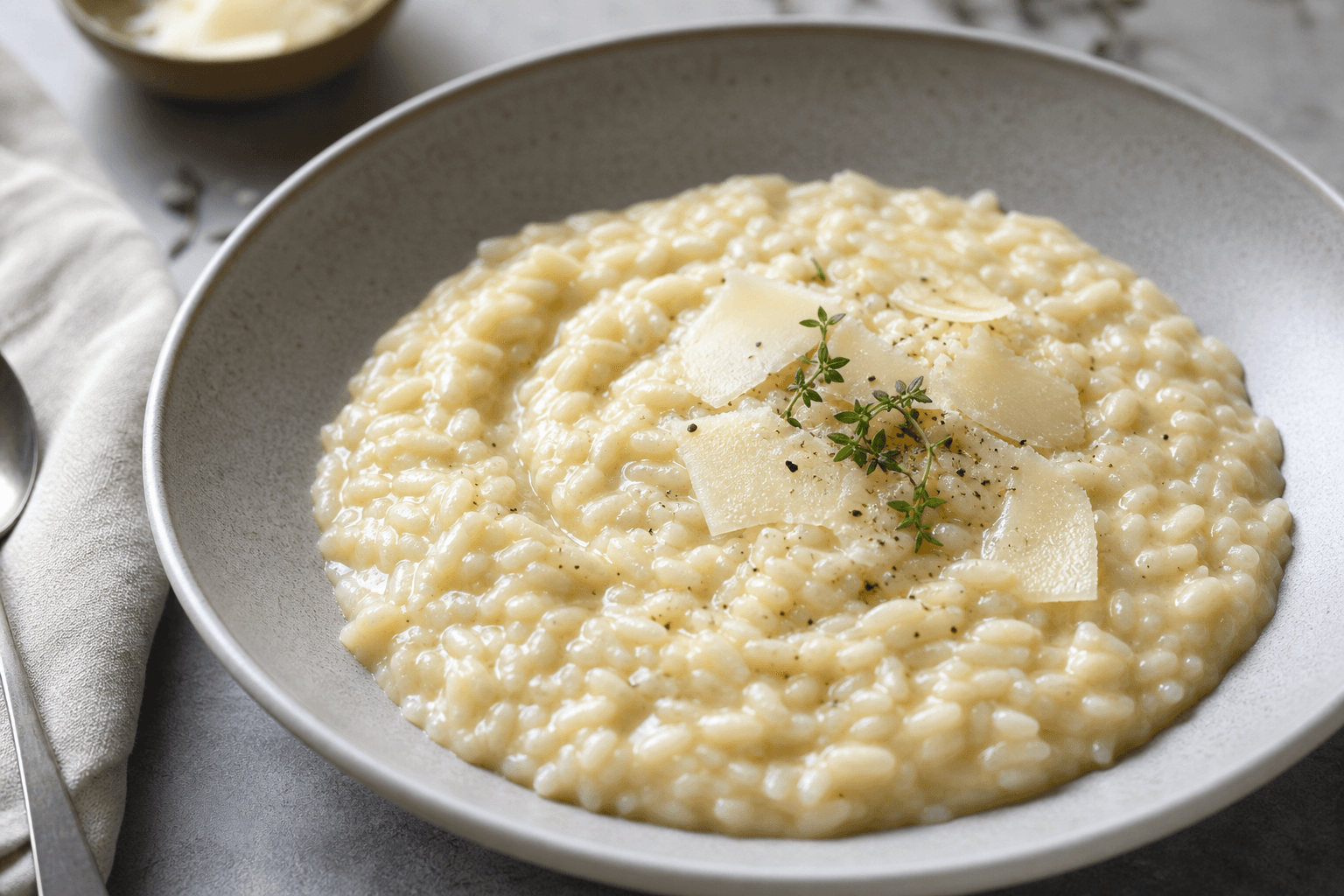Cremet risotto med synlige risgryn, parmesanflager og krydderurter i en lav skål.