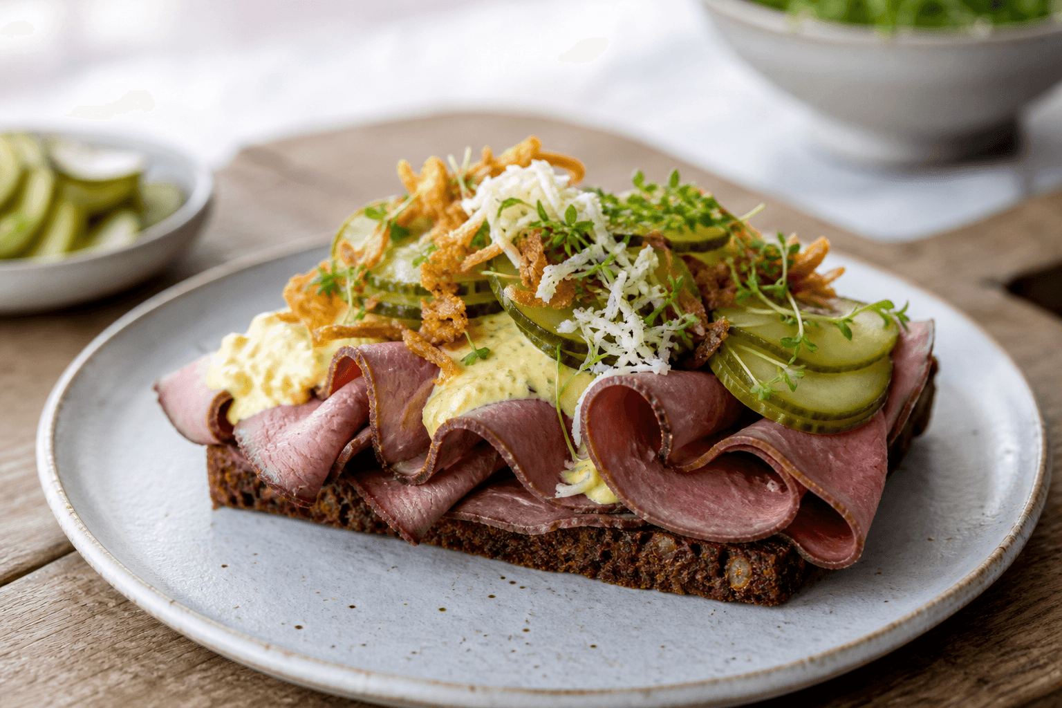 Roastbeef smørrebrød på rugbrød med remoulade, ristede løg, agurk og karse.