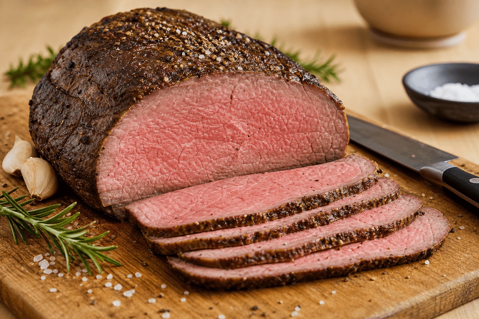 Roastbeef med brun stegeskorpe og rosa midte skåret i tynde skiver på et bræt.
