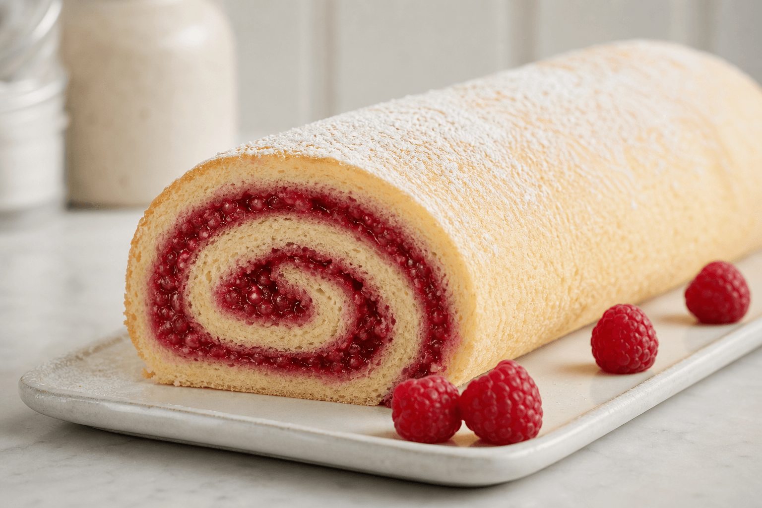 Hindbærroulade med lys sukkerdrysset kagebund og tydelig rød spiral.