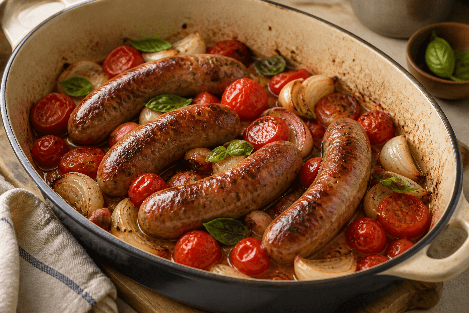 Brunede salsiccia-pølser med bagte tomater, løg og krydderurter i en gryde.