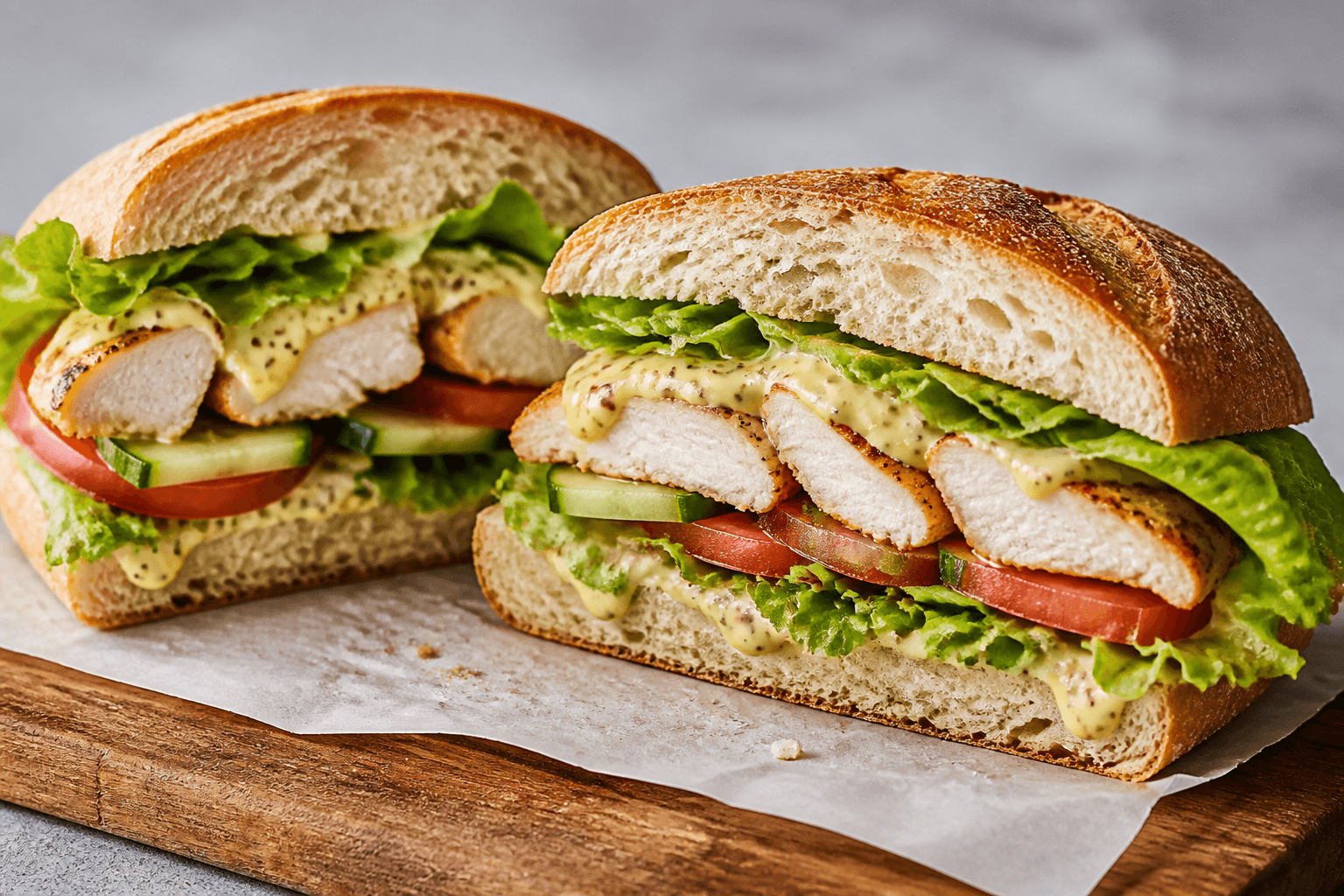 Sandwich med synlige kyllingestykker, salat, tomat og dressing på et bræt.