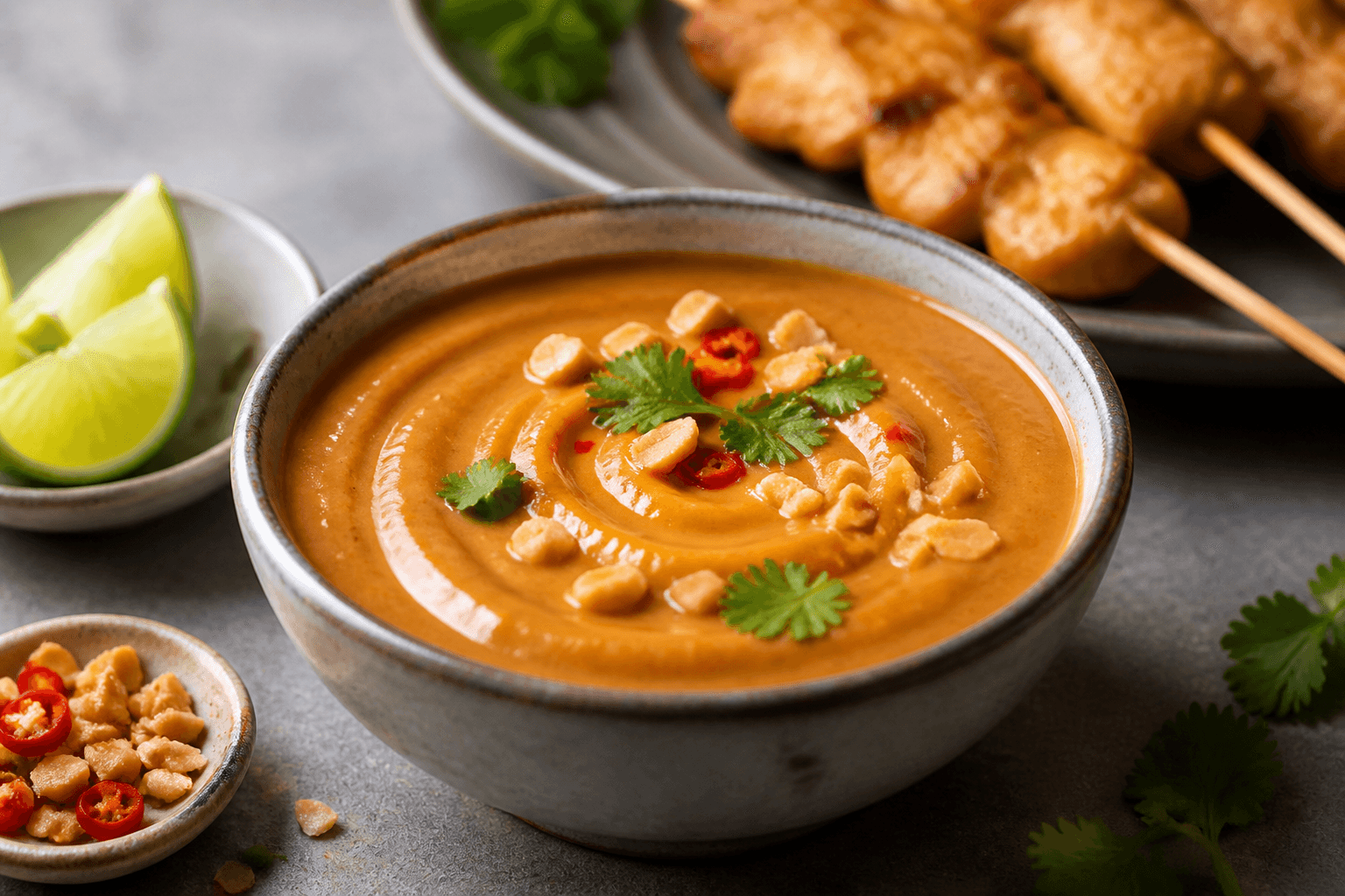 Gylden satay sauce med peanuts, chili og lime i en lille skål med spyd i baggrunden.