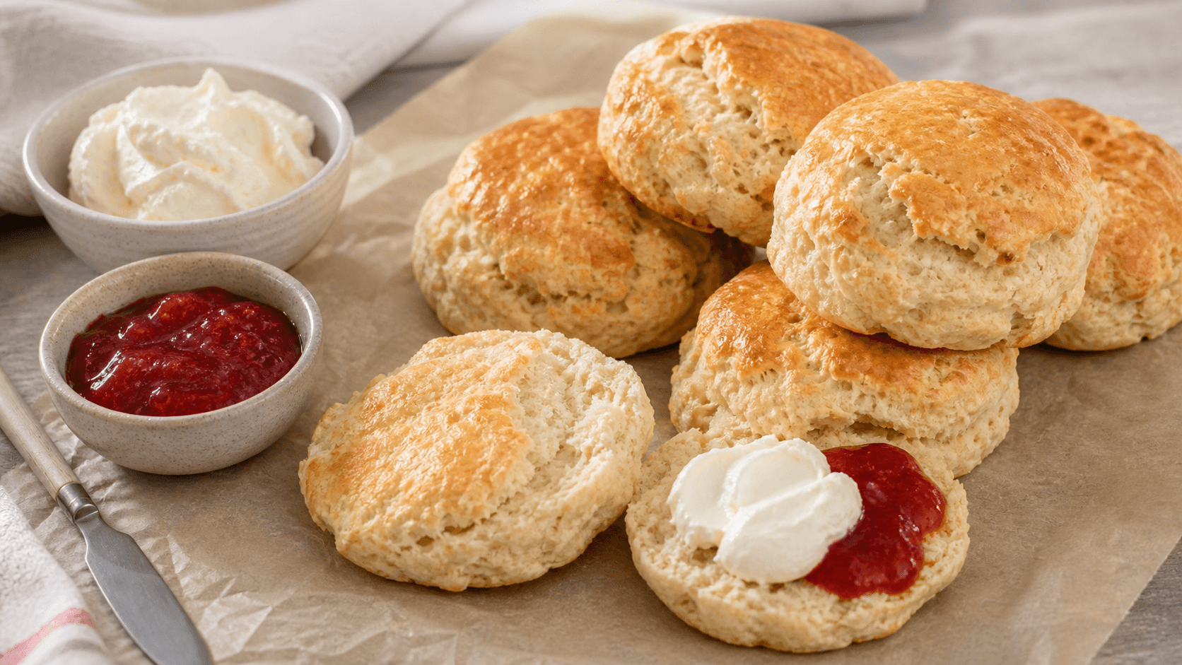 Hjemmebagte scones med smuldrende krumme, jordbærmarmelade og tyk creme.
