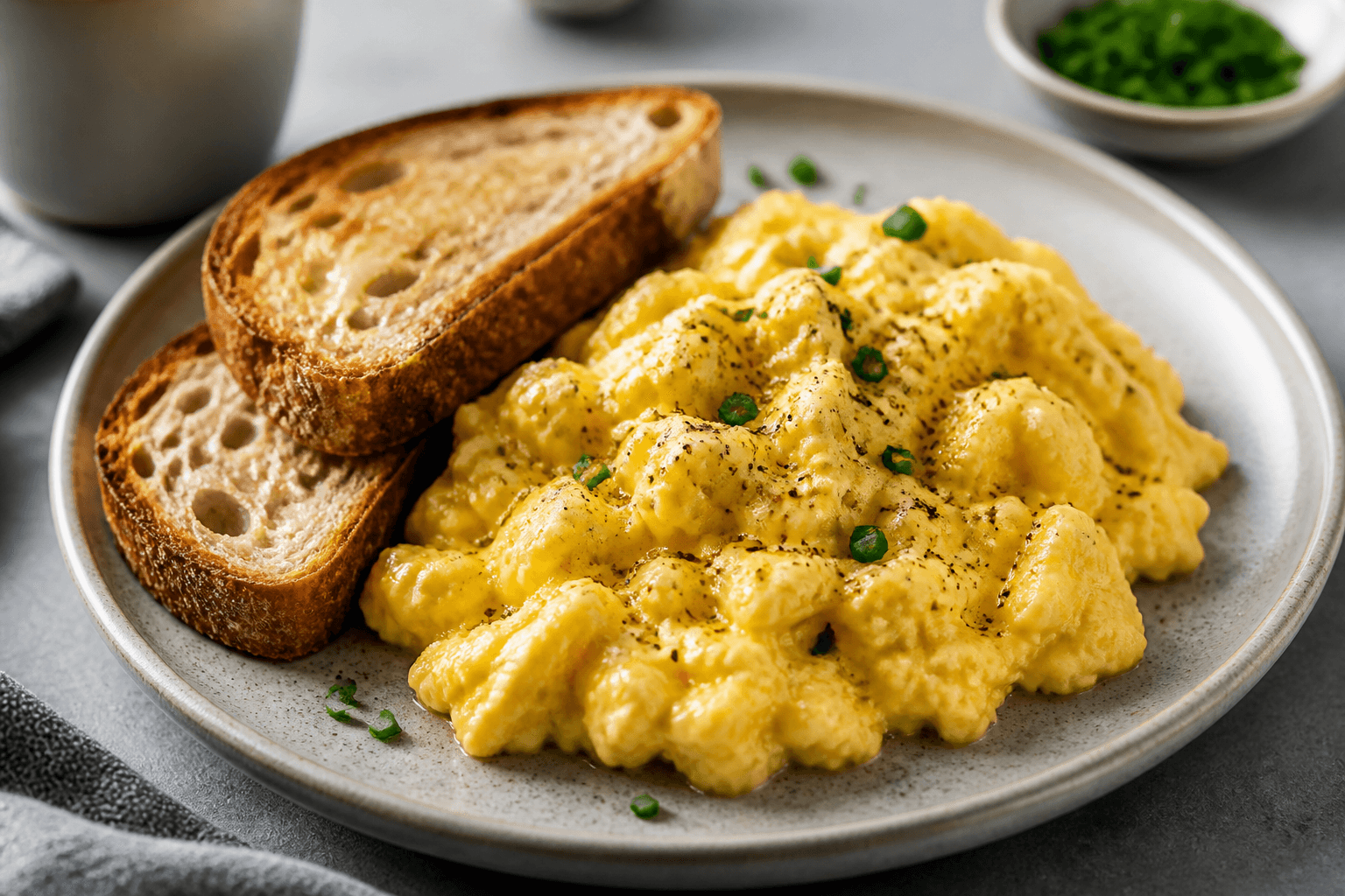 Bløde scrambled eggs med blanke gule curds, purløg, peber og ristet brød.