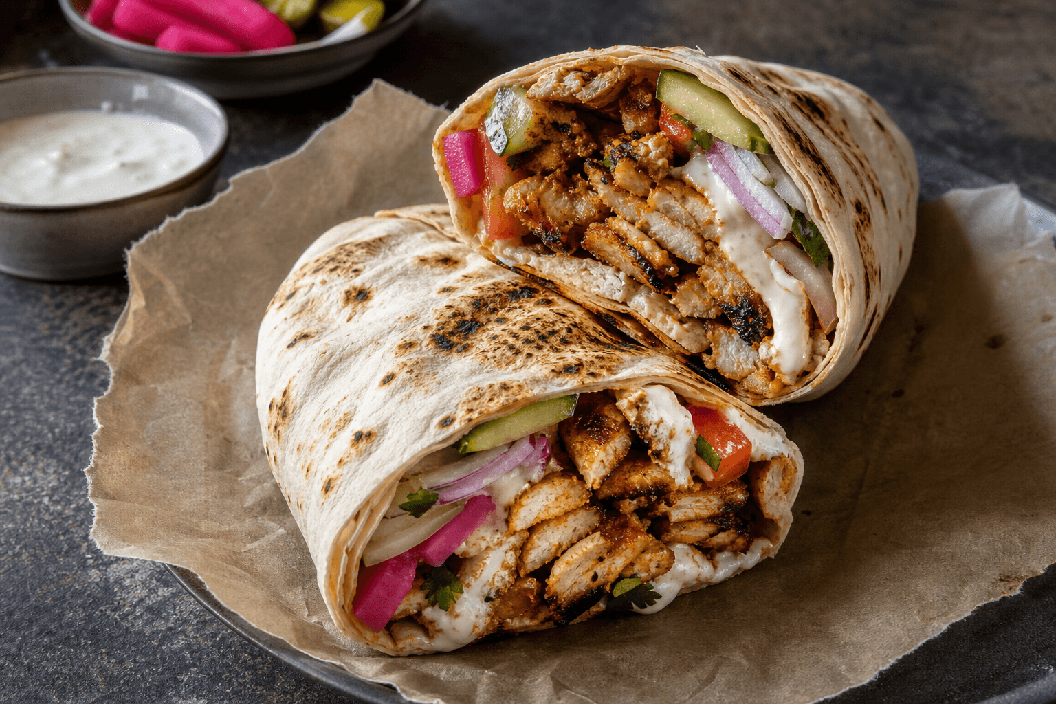 Shawarma med krydret kød, grønt og sauce i fladbrød.