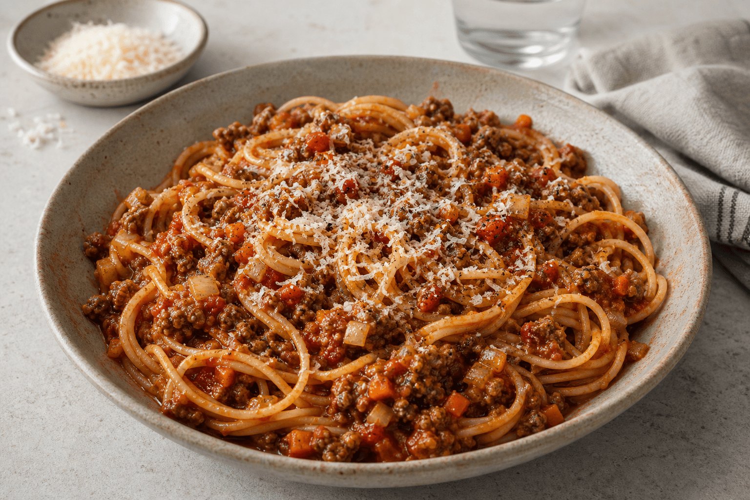Spaghetti bolognese med tomat, kød og parmesan.