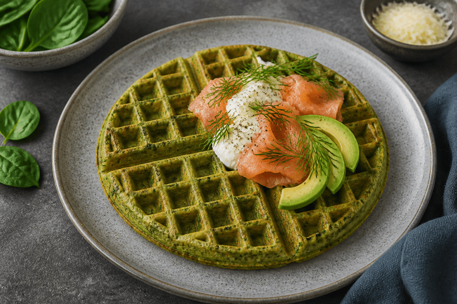 Grønne spinatvafler med laks og avocado.