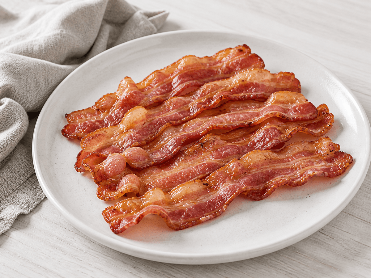 Sprødstegt bacon på en hvid tallerken.