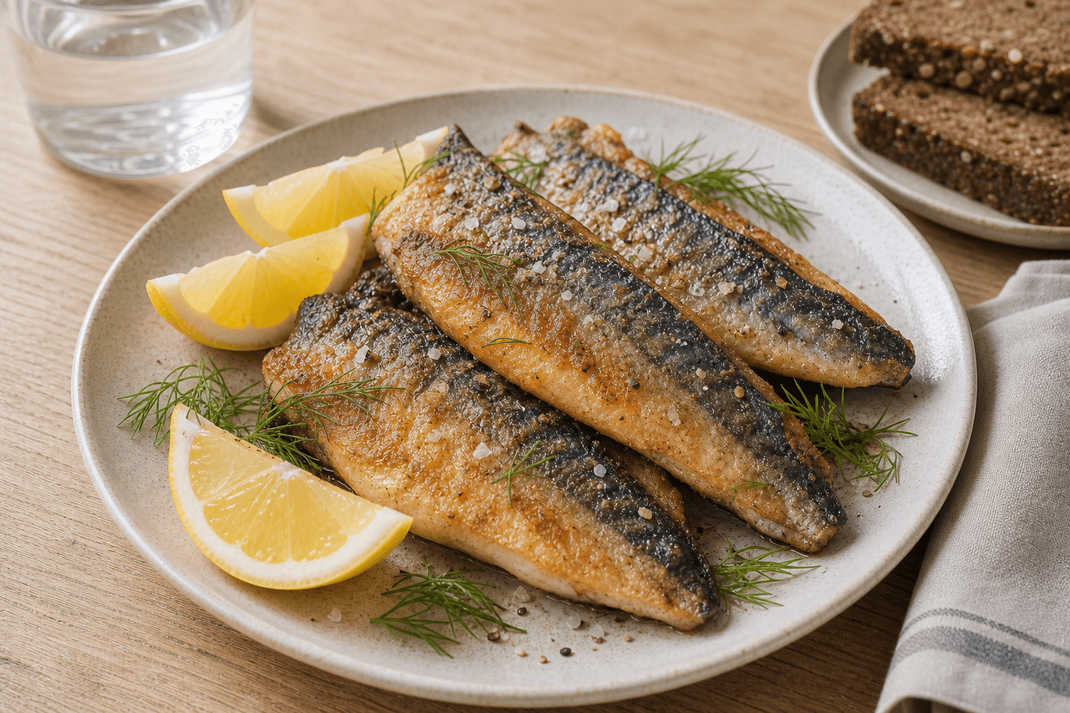 Stegt makrel med citron, dild og rugbrød på en tallerken