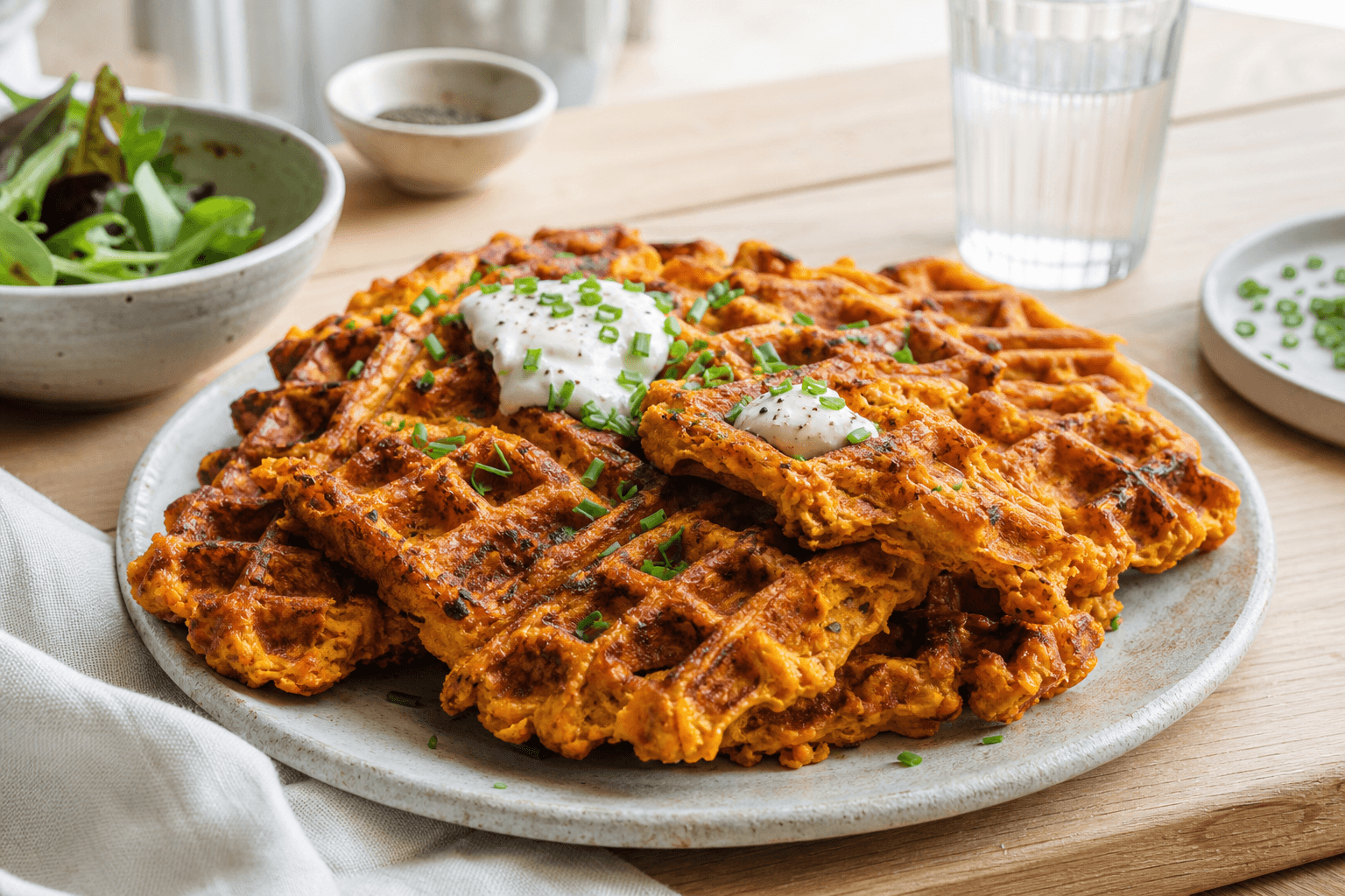 Sweet potato vafler med krydret topping.