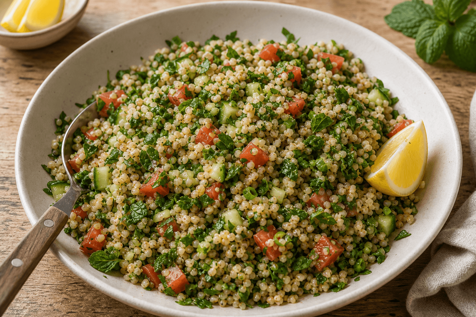 Tabouleh med tydelig bulgur, persille, tomat, agurk og citron.