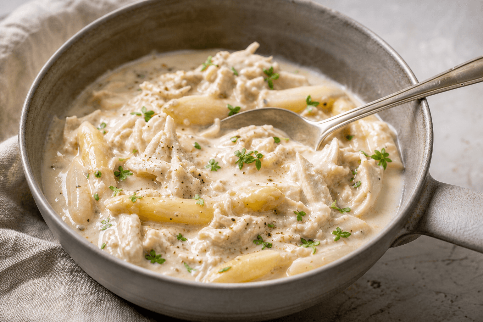Tarteletfyld med kylling, asparges og cremet sauce.