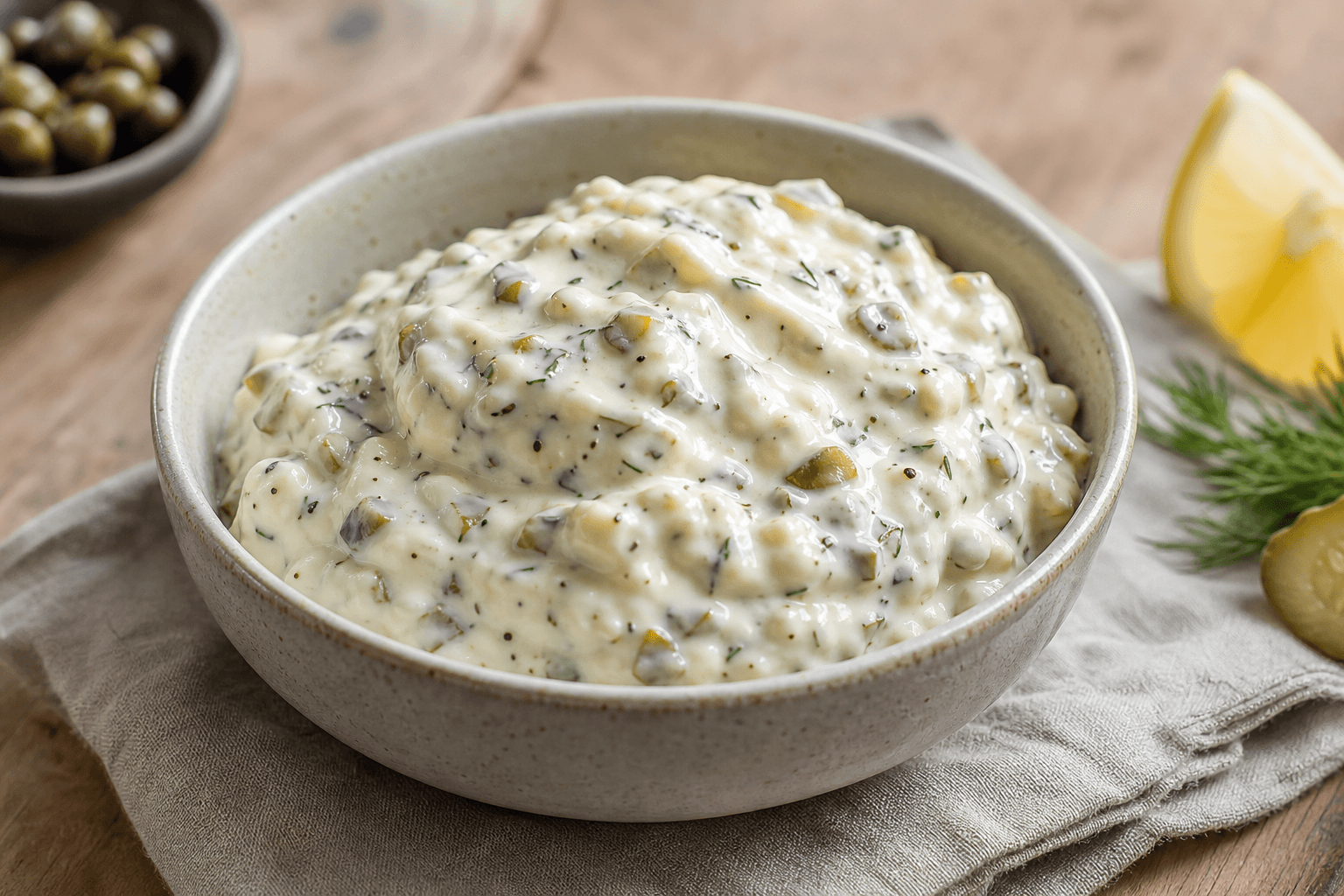 Tyk tatarsauce med pickles, kapers og urter.