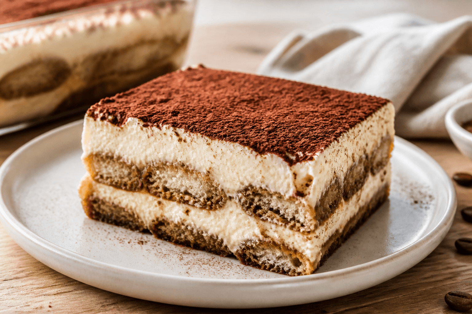 Tiramisu med mascarponecreme, savoiardi og kakao.
