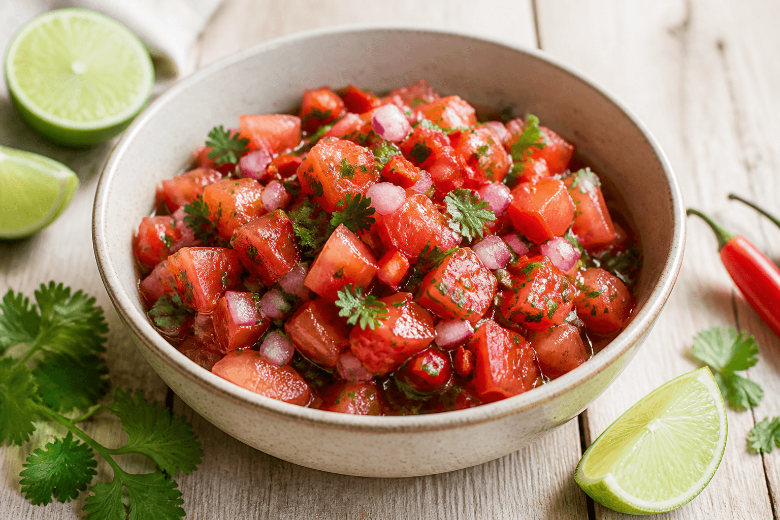 Frisk tomatsalsa med løg, chili og lime.