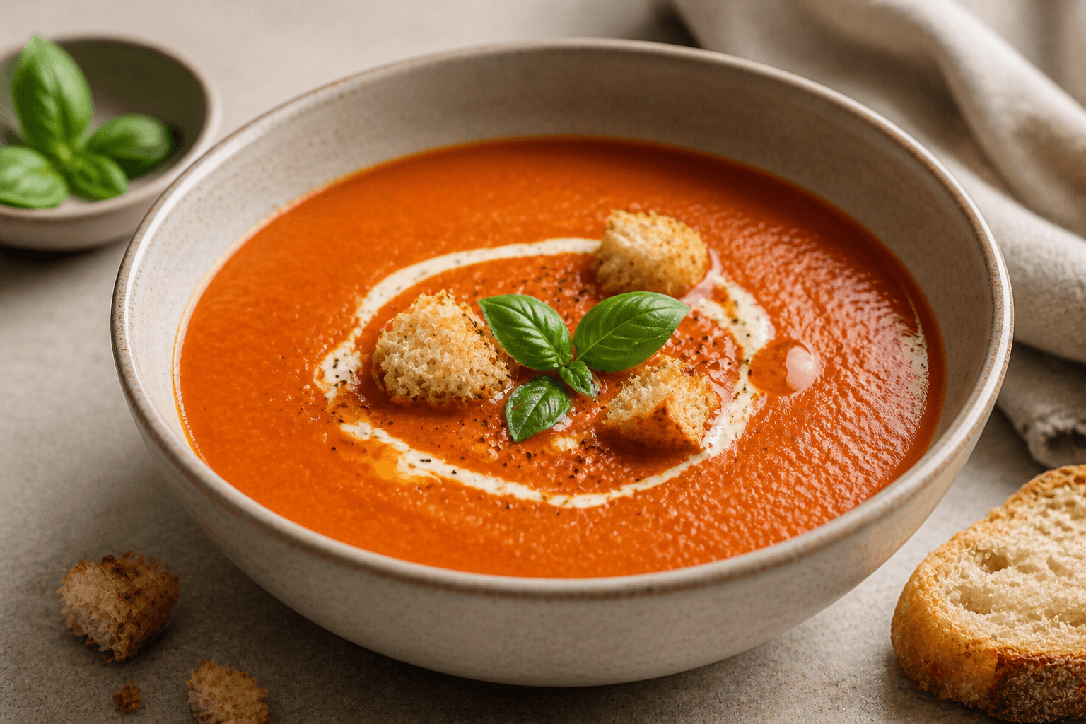 Tomatsuppe med cremet topping og sprøde croutoner.