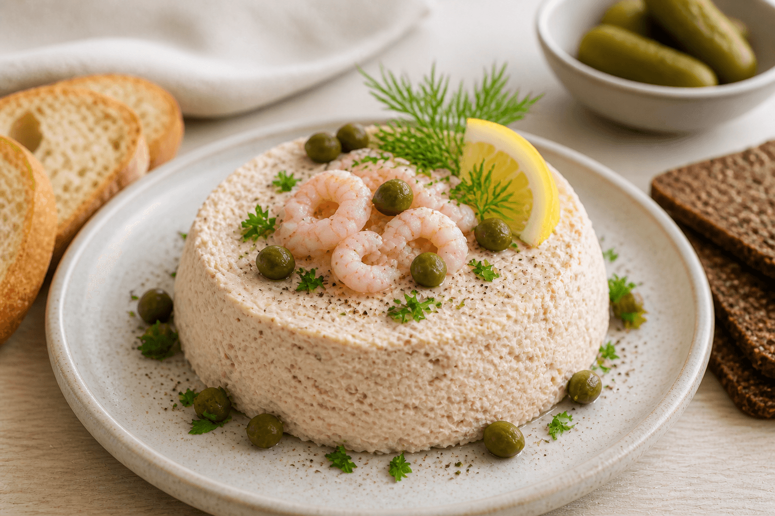 Tunmousse med rejer, citron, kapers og dild.