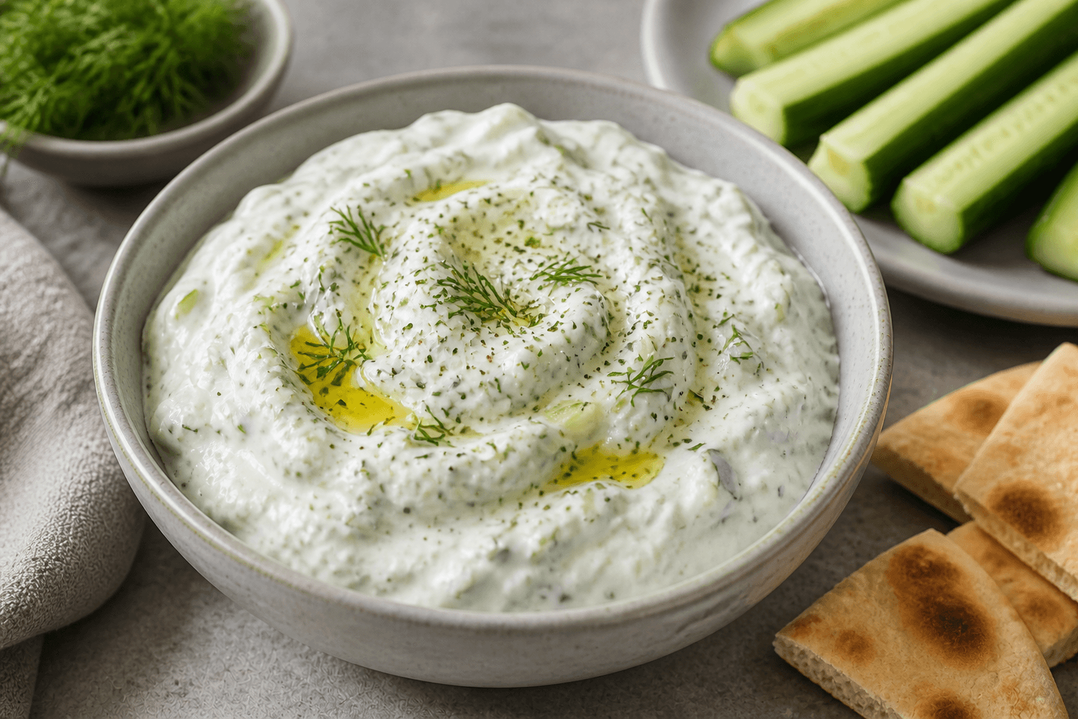 Tzatziki med yoghurt, agurk, urter og olivenolie.