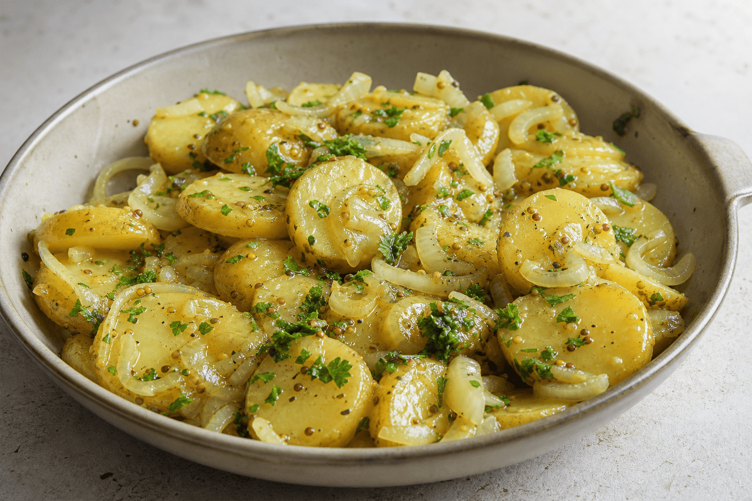 Varm kartoffelsalat med urter og vinaigrette.