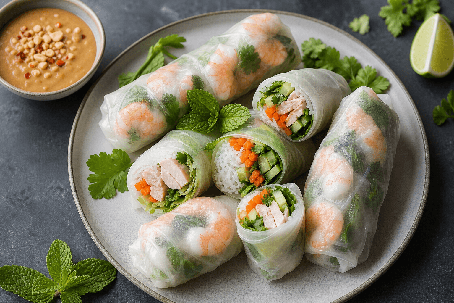 Vietnamesiske forårsruller med grønt og dip.