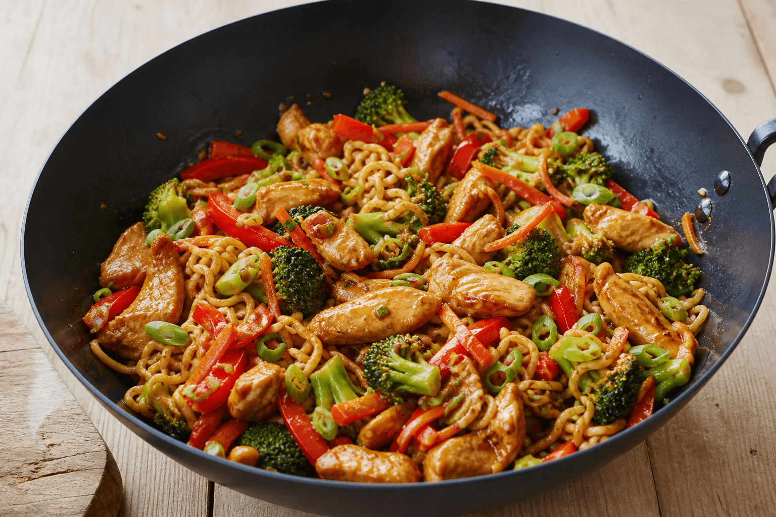 Wok med kylling, nudler og sprøde grøntsager.